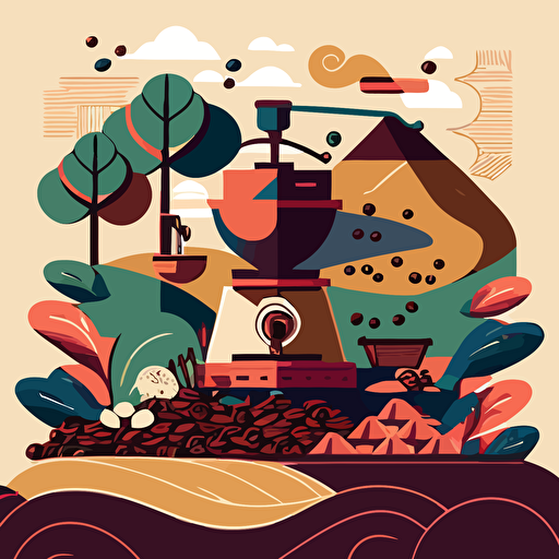 coffee landscape growing illustration, coffee bean, grinder, grower, 2d vectors, geometric, colors inspired by Colombia and coffee culture, coffee growing