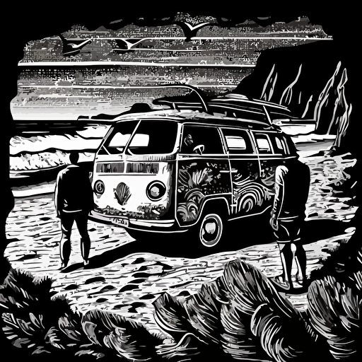 surfers standing by vw van on the beach in santa cruz california, vector, linocut, black and white, detailed