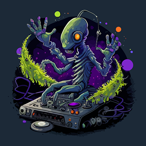 a cool lanky creature from another dimension DJing, colourful, logo design, vector, illustration, super detailed