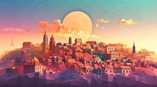 a European city with cryptocurrency rising into the sky, vector, gradient, lower poly