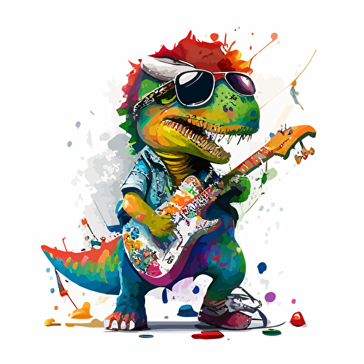 a very cute baby tyrannosaurus wearing very big sunglasses dressed up as a rockstar with a guitar, as a cartoon type, as a vector, white background, bright graffiti colors with music notes all over