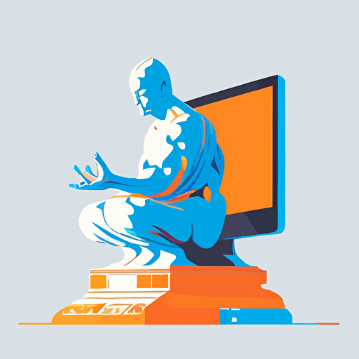 a modern futuristic minimal vector logo of a computer game in a meditative pose buddah like in front of a computer, orange blue white background