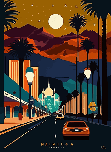 Las vegas night travel poster, Vector flat illustration