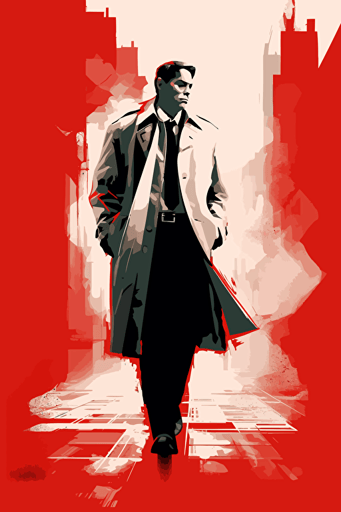 a gangster boss wearing a coat and walking, the backgroundis split half in red color half in white color, in the style of simplistic vector art, cityscape formated from the two colors red in the white portion and white in the red portion, film noir, poster art, realist detail, careful composition, stencil-based
