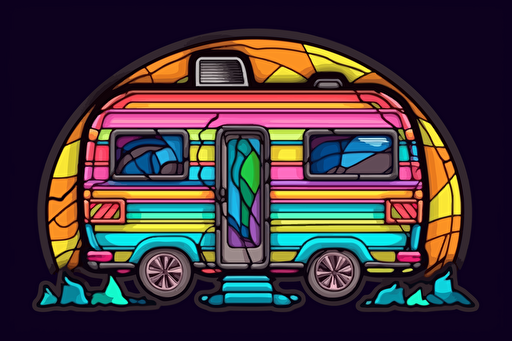 2d illustration, stained glass trailer simple vector colorful sticker