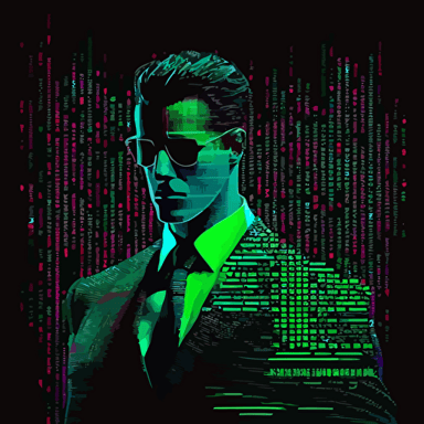 vector, finance bro in a suit, matrix code style, neon colors