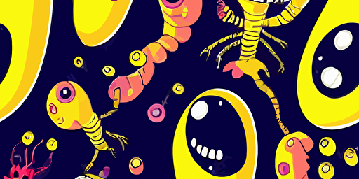 a cartoon vector style illustration of an alien monster with lots of eyes, colourful, fun, punk goth style, grainy texture