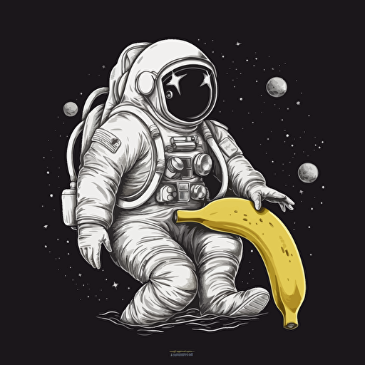 cartoonish astronaut peeling a banana, black background, white and grey, 2d vector, shadeless