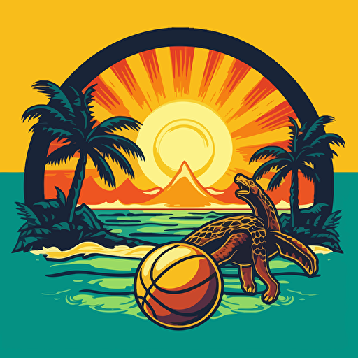 vector, nba logo with palm trees and an ocean background with a sun and a turtle with a basketball, brazilian, tropical theme, with no text, green, blue, yellow, closed shape