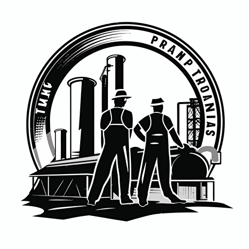 a factory anniversary theme logo, 2D, black and white, including 2 factory workers, some tools, vector tracing