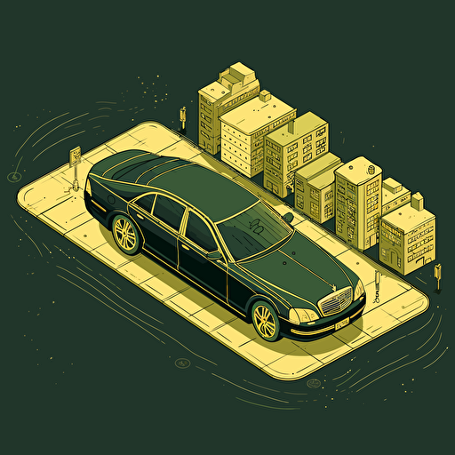 isometric world, gold over dark green 2003 Maybach 57, parked on street in Chicago, in the style of Matthew Skiff illustrations, in the style of Christopher Lee illustrations, in the style of Jonathan Ball illustrations, simple, rough-edged drawing, vector illustration, flat art,