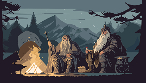 Vector art of a barbarian orc, a wizard in grey robes, an elf in green robes and a female hobbit in a black cloak, sitting around a fire at night.