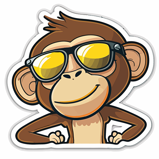Sticker, Happy monkey in sunglasses, Kawaii, contour, vector, white background