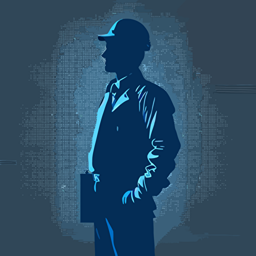 silhoette of professional worker, sleeves rolled up, blue color, gray background, simple design, vector style, white outline over silhouette