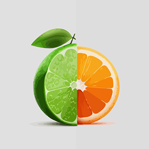 minimalist, orange fruit, half of a green lime in front, 2d, clean, illustration, vector, white background