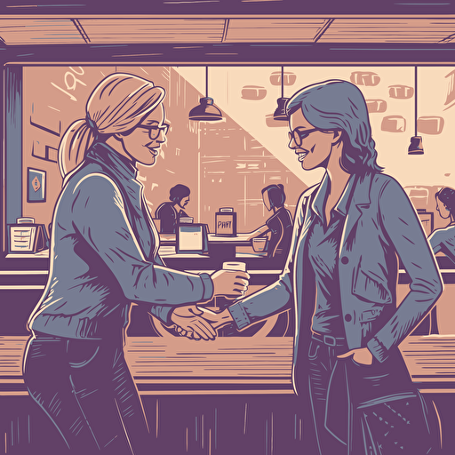 vector art style two women smiling and shaking hands in a coffee shop, in the style of Michael Parks, make it light, use blues and purples