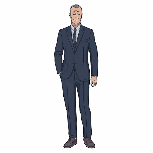 a flat vector image of a mannequin in a navy suit and tie, full frontal view. The pants and jacket are in a slim fit. He is wearing black lace-up shoes