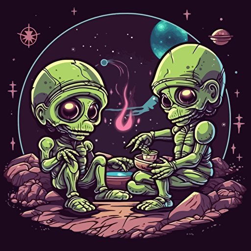 detailed cartoon vector sticker of two aliens rolling a blunt in space, cover art, logo