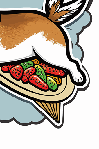 a flying taco with wings with a jack russel terrier riding on top, rainbow arc shooting out, vector art, illustration, cute drawing, sticker