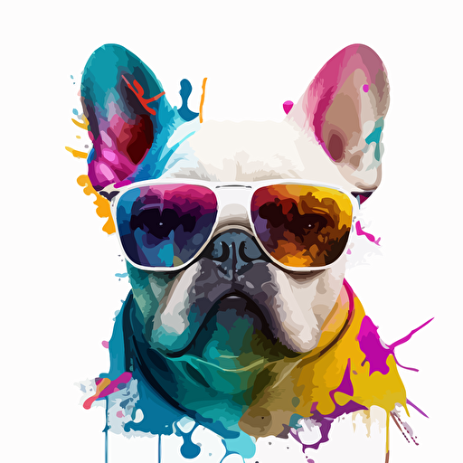 a very cute white french bull dog wearing big sunglasses, as a cartoon type, as a vector, white background, bright graffiti colors
