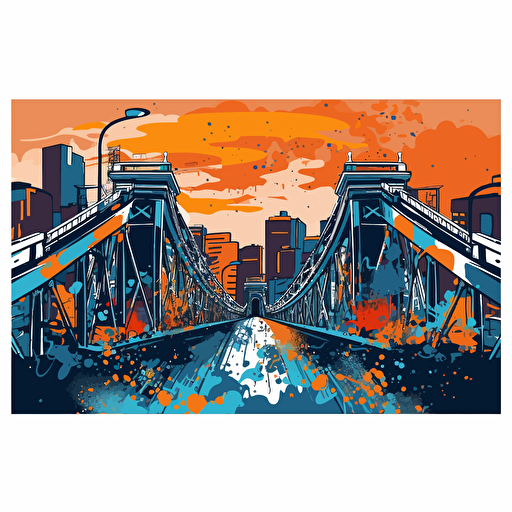 a vector image of a bridge connecting a prison to a city, urban, blue and orange and dark gray, graffiti style