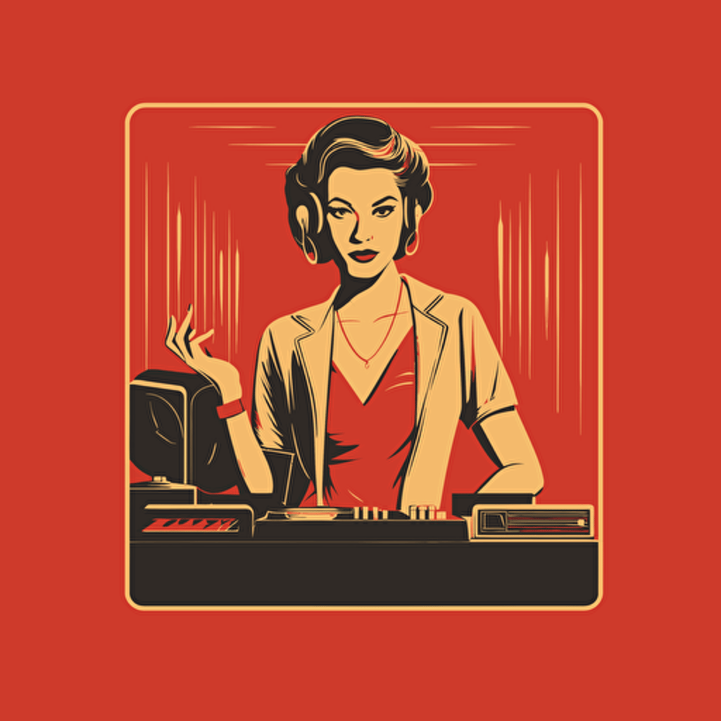 beautiful female dj, mid 50's, standing behind a dj booth, jason brooks, fashion, simple, vector, logo