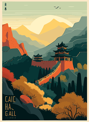 Experience the grandeur of the Great Wall of China with a majestic and awe-inspiring illustration bathed in soft morning light. Travel poster, vector flat illustration.