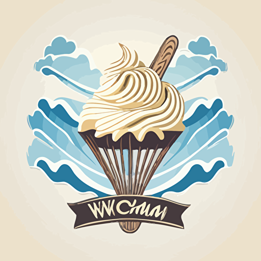 Vector logo of whisk with whipped cream on top that looks like a showy mountain. Colors are blue and vanilla. Simple forms. No clouds
