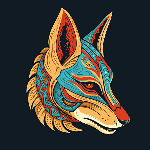 coyote kitsune mask illustration by tim lahan, side profile, flat colors, 2d vector art