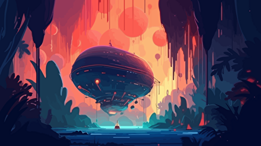 a space ship entering the atmosphere of an undiscovered jungle-like planet, the ships heats up as it enters the atmosphere of the planet, viewed from space, dramatic entry, flat vector illustration