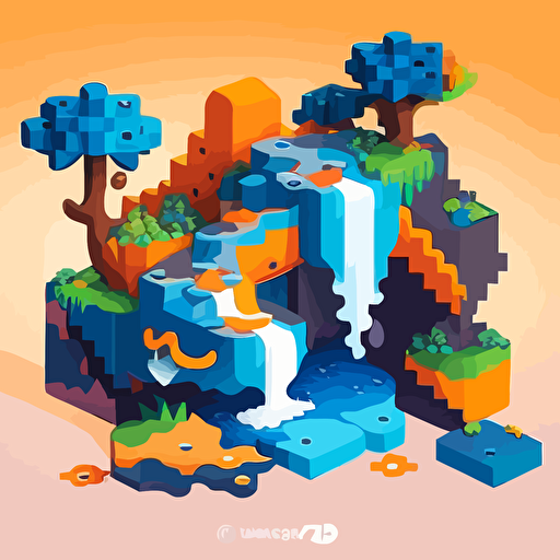 Vector logo of a cascading waterfall with floating islands with gadgets made of jigsaw puzzles, blue and orange