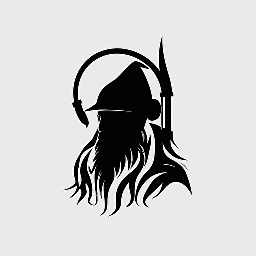 minimalistic iconic logo of wizard wearing headphones, black vector, on white background
