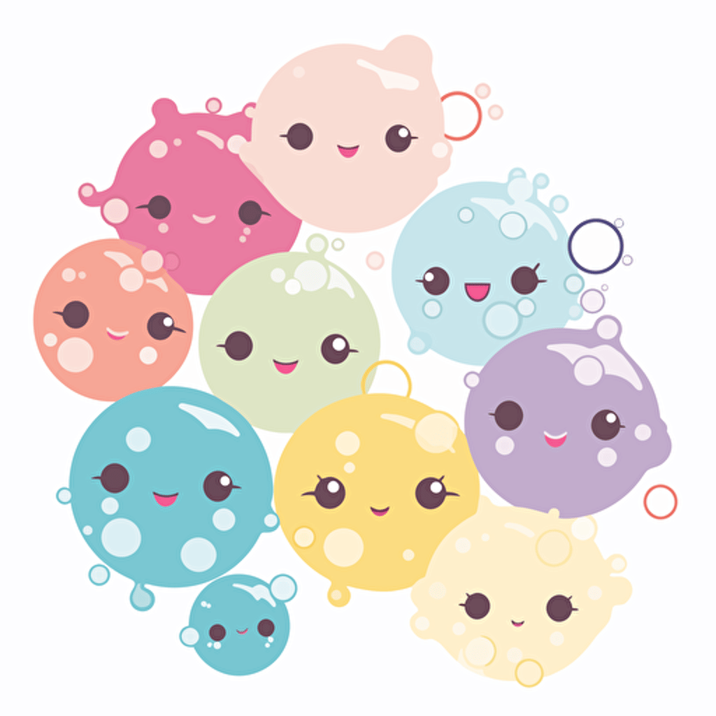 Kawaii fizzy bubbles, flat, 2D, vector, 16 colors, white background, in anime chibi style