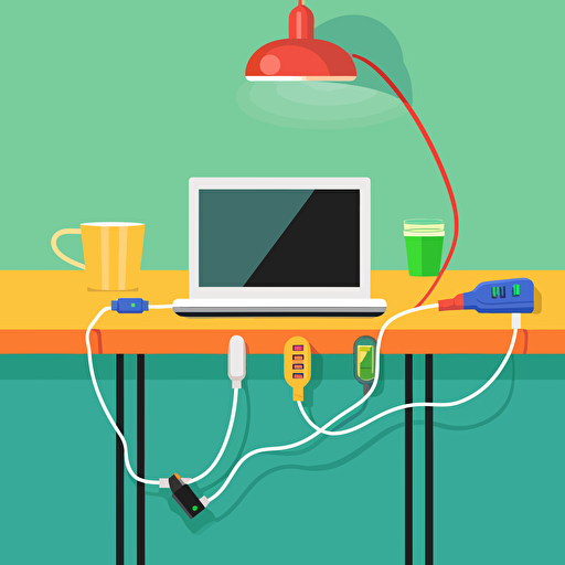 light and colorful vector image showing extension cords plugged into a a latop sitting on a desk