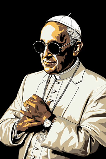 pope francis, wearing a white stylish trendy suit jacket, black background, 80s comic style vector poster,