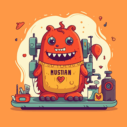 flat vector, logo, a nice tailor monster, sewing professional, next to sewing machine, happy, warm colors