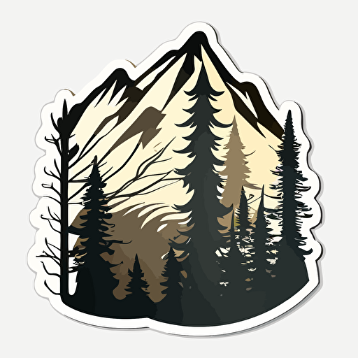 sticker, minimalistic mountain silhouette, woodsy shadows, contour, vector, white background
