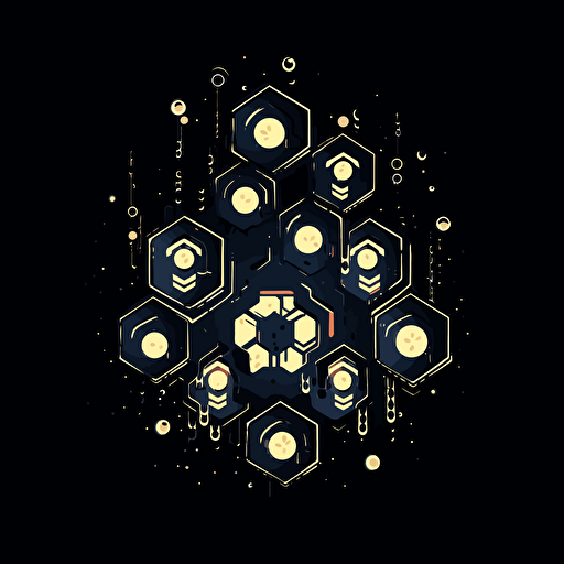 a simple vector logo of a neural network hexagon of elextric energy streams connected to little light bulbs, the object floating on a black background