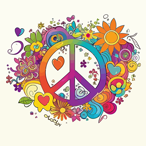 colorful, rainbow doodle style 1960's hippie design with hearts and peace signs and flowers, vector style on a white background