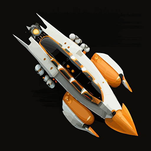 orange and white space ship on black background, top-down view, clean, simple, no shadows, vector