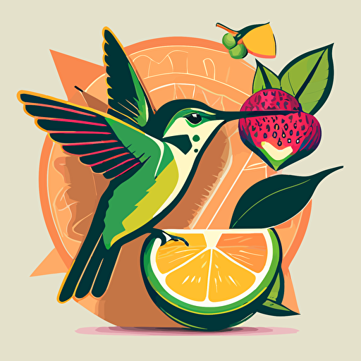 Pop Art Deco Hummingbird and tropical fruits, Vector, Logo, green, pink, orange