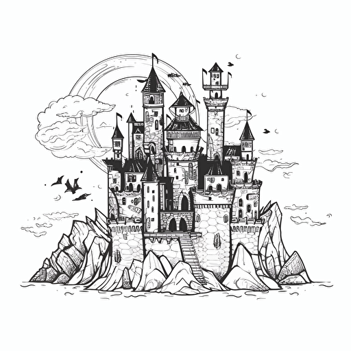 drawing of a dracula-style castle, with impossible geometry, black line on white background, vector