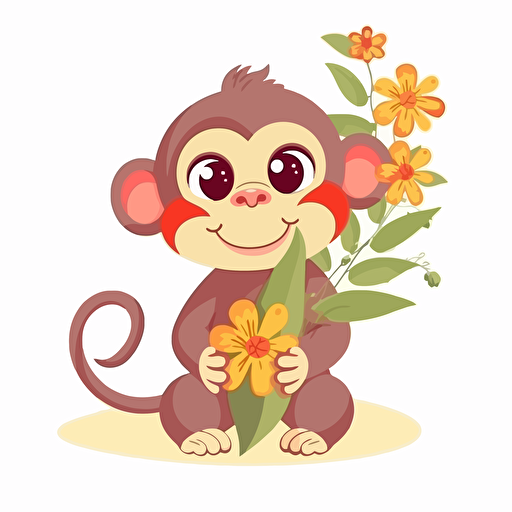 cute monkey with flowers, cartoon style, 2d clipart vector, creative and imaginative, hd, white background