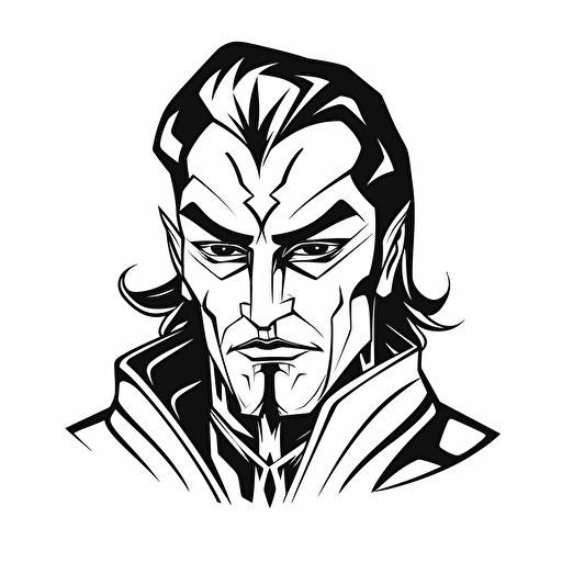 character illustration of Lord Soth, a villain from the Dragonlance novels, frontal looking, minimal, outline strokes only, black and white, logo, vector, minimalistic, white background.