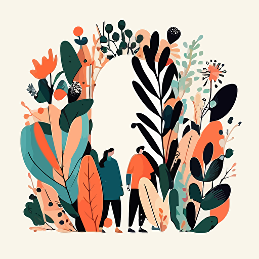 fun illustration of people surrounded by plants and flowers, vector style, minimal, white background