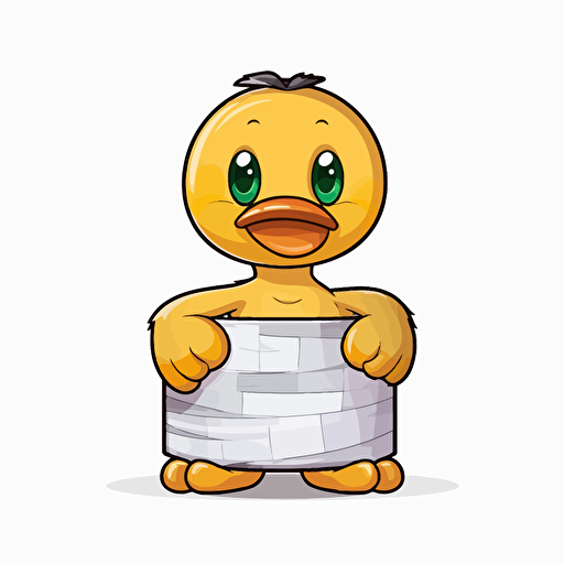 sticker, Duck man standing by a roll of duck tape, kawaii, contour, vectored, white background, high quality detailed