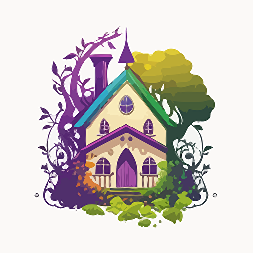 simple logo vector image 3 color, fantasy house with a garden growing directly out of the roof. On white background.