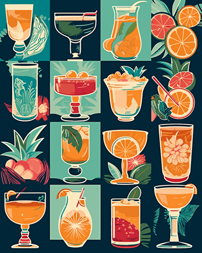 tropical cocktail, retro aesthetics, classic patterns, vector image, sticker design, pantone color scheme: 12-1706 TCX, 12-0824 TCX, 15-0146 TCX, 15-1164 TCX, 16-6340 TCX, 17-4247 TCX, 18-2043 TCX, 19-6026 TCX. The final piece should exude a warm, holiday-like ambiance.