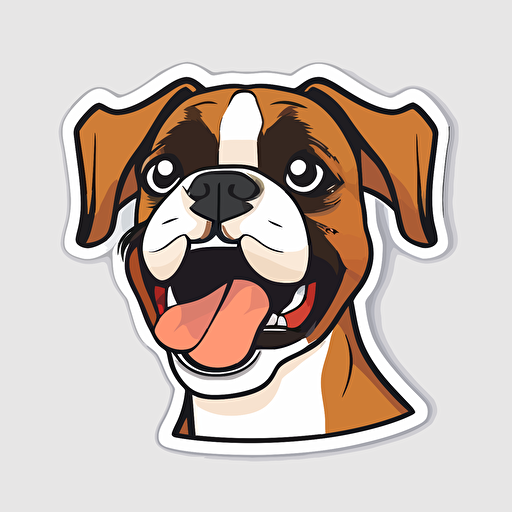 Cute, happy, smiling boxer dog head sticker logo, dog tongue out, chibi style, cartoon, clean, vector, 2d, white background, no accessories, without accessories, no text, without text