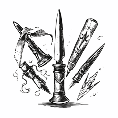 simple symbol design of sword, fountain pen, ink, and music, 1950's style, vector, fallout 4 clip art, white background